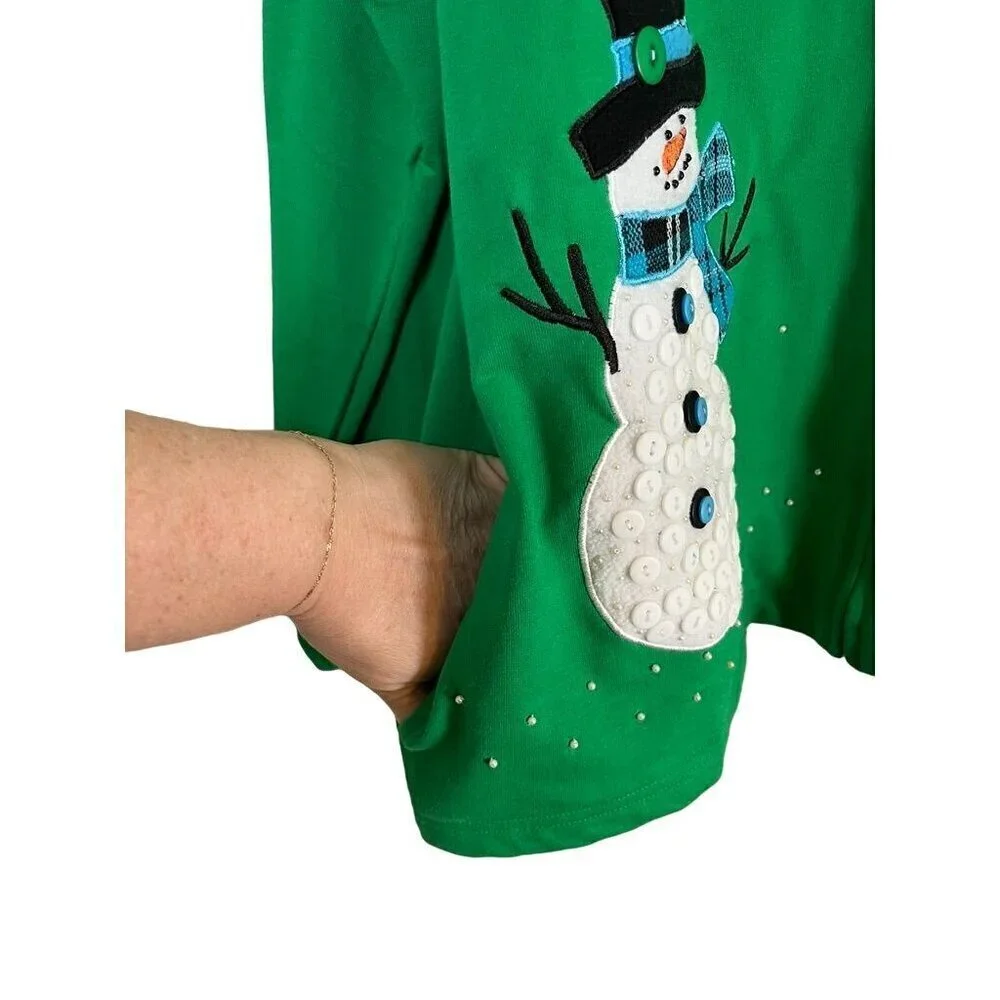 Casual Living Jacket‎ 1X Green Snowman Festive Santa Holiday Granny Preppy Cozy
